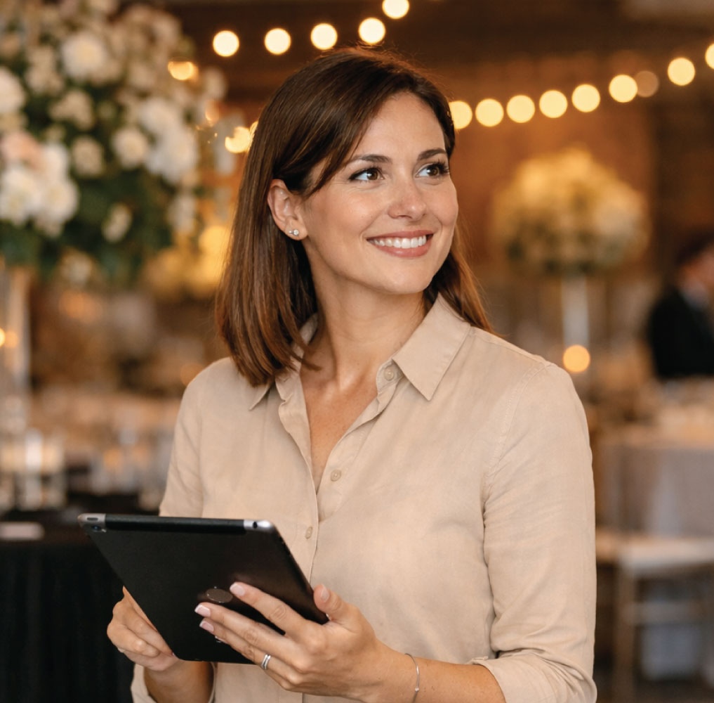 Cerimonialista com um tablet durante um evento